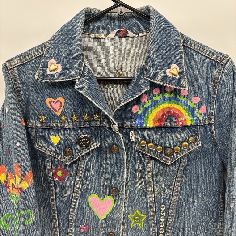 Vtg Levi's For Gals Type III Trucker Jacket White Tab 60s Painted Hippie Women M